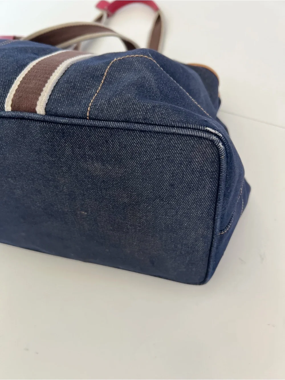 Coach Vintage Y2K Denim Varsity Stripe Large Denim Tote Bag Leather Trim 3K-7544